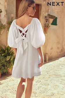 أبيض - فستان قصير بأكمام منفوخة من مزيج الكتان (N11100) | 160 د.إ