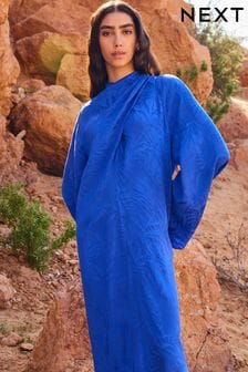 Cobalt Blue Twist High Neck Long Sleeve Jacqaurd Maxi Dress (N11103) | OMR34