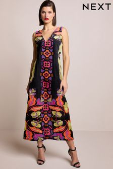 Multi Floral Print Linen Blend V-Neck Midi Dress (N11109) | kr556