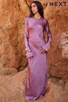 روز وردي - فستان ماكسي مستقيم معدني بكم طويل (N11111) | 386 ر.س