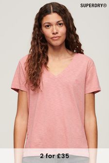 Superdry Dusty Rose Pink Slub Embroidered V-Neck T-Shirt (N11177) | KRW42,700