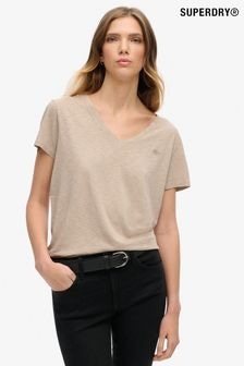 Superdry Light Brown Studios Embroidered 100% Cotton V-Neck T-Shirt (N11178) | $34