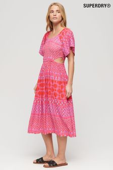 Superdry Pink Printed Cut Out Midi Dress (N11293) | SGD 126