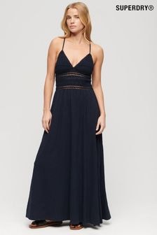 Superdry Blue 100% Cotton Jersey Lace Maxi Dress (N11376) | $111