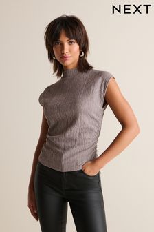 Brown Textured Sleeveless High Neck Ruched Side Top (N11528) | $27