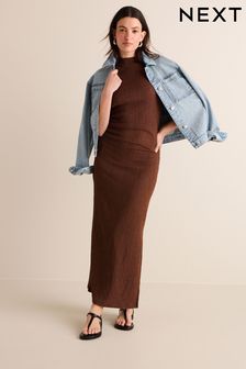 Rust Brown Textured Ruched High Neck Midi Dress (N11529) | $45