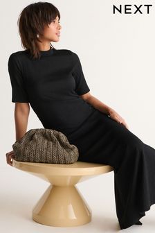 Black Textured Ruched High Neck Midi Dress (N11535) | $45