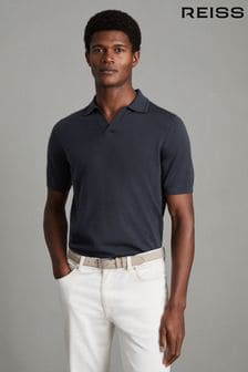 Blauer Rauch - REISS Duchie Polo-Shirt aus Merinowolle mit offenem Kragen (N11556) | 137 €