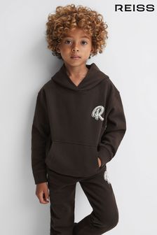 Reiss Chocolate Cade Senior Relaxed Garment Dyed Logo Hoodie (N11573) | AED230