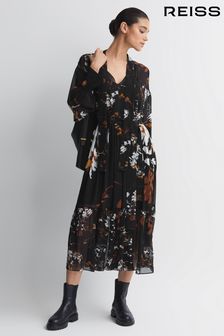 Reiss Black/Brown Charlotte Floral Neck Tie Midi Dress (N11605) | €391