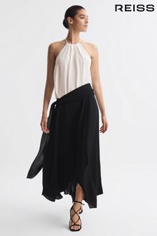 Reiss Cream/Black Natalia Asymmetric Belted Wrap Midi Dress (N11626) | 411 €