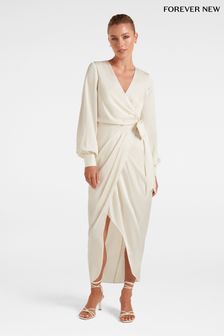 Forever New White Mirella Wrap Satin Midi Dress (N11705) | €72