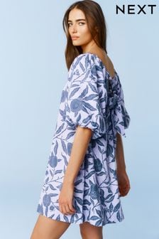 Morris & Co. Lilac/Blue Fruit Linen Blend Puff Sleeve Mini Dress (N11903) | kr533