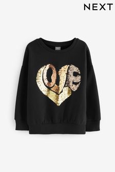 Black/Gold Love Heart Sequin Crew Sweatshirt Top (3-16yrs) (N11955) | AED47 - AED64