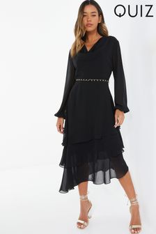 Quiz Chiffon Cowl Neck Long Sleeve Tiered Black Dress