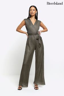 River Island Natural Metallic Wrap Plisse Jumpsuit (N12256) | €34