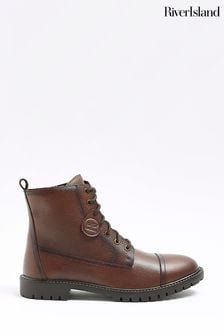 River Island Brown Leather Laced Combat Boots (N12269) | €109