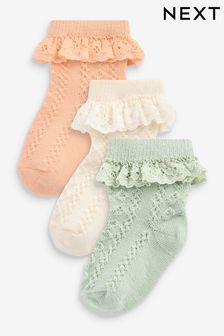 Green/Orange Lace Trim Baby Socks 3 Pack (0mths-2yrs) (N12635) | €8