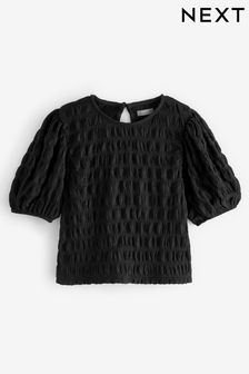 Black Puff Sleeve Textured T-Shirt (3-16yrs) (N12636) | €8 - €12
