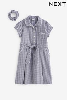 Navy Blue Cotton Rich Belted Gingham School Dress With Scrunchie (3-14yrs) (N12651) | R165 - R220