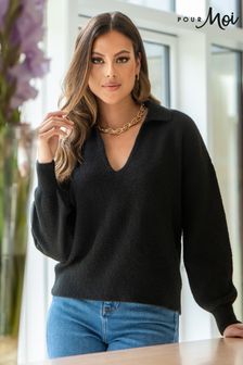 Pour Moi Black Kerry V Neck Textured Knit Collared Jumper (N13408) | ₪ 211