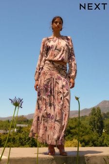 Blush Pink Floral Print Crinkle Mesh Maxi Skirt (N13879) | 119 €