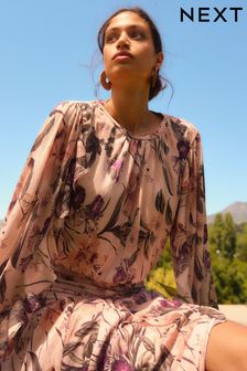 Светло-розовый с цветочным принтом - Сетчатая блузка из жатой ткани (N13882) | €79