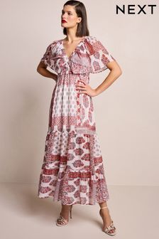 Red and White Print Angel Sleeve Tiered Maxi Dress (N13884) | AED296