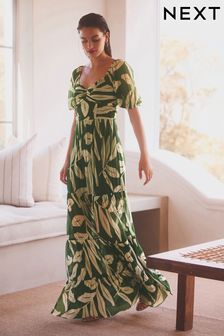 Green and White Leaf Print Short Sleeve Ocassion Maxi Dress (N13888) | OMR32