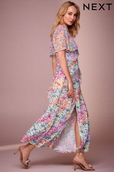 Večbarvna - Srednje dolga obleka s cvetličnim potiskom in kvadratnim izrezom in naborki (N13891) | €82