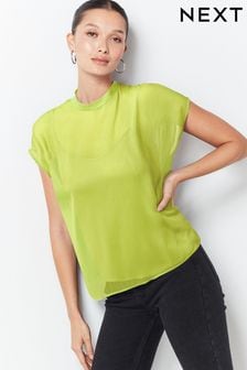 Lime Green Sheer Layer Cap Sleeve Top (N13895) | 1,211 UAH