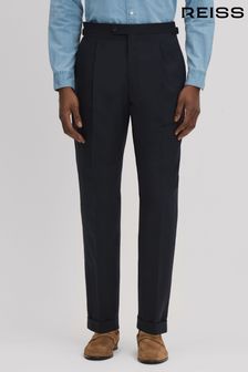 Reiss Navy Valentine Slim Fit Wool Blend Trousers with Turn-Ups (N13952) | ₪ 1,079
