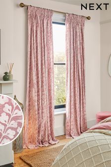 Pink Woodblock Floral Pencil Pleat Lined Curtains