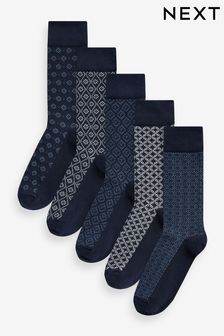 Navy Blue/White Pattern Smart Socks 5 Pack (N14149) | €15