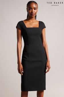 Czarna sukienka midi Ted Baker Fleuurr z kwadratowym dekoltem i odpinanym paskiem (N14290) | 1230 zł