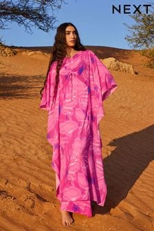 Pink Floral Co-ord Half Sleeve Ruched Front Kaftan Dress (N14394) | OMR38