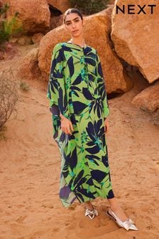 Zielono-granatowa w motywy kwiatowe - Sukienka-kaftan- część kompletu z rękawem do łokci i marszczonym przodem (N14397) | 530 zł