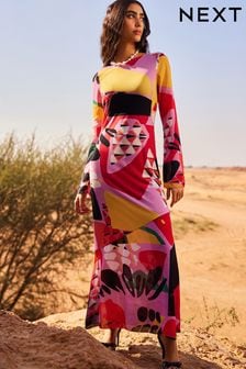 Pink Multi Abstract Print Long Sleeve Column Maxi Dress (N14398) | $93