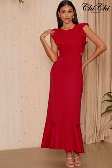 Czerwony - Sukienka midi Chi Chi London z falbanami na rękawach i ozdobnym wycięciem z tyłu (N14405) | 620 zł