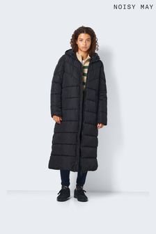 NOISY MAY Maxi Length Padded Quilted Hooded Coat