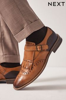 Tan Brown Leather Fringe Monk Shoes (N15414) | $96