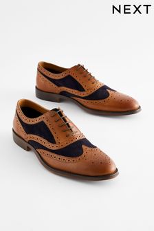 黃褐色/海軍藍 - 對比拼接設計皮革雕花鞋 (N15457) | NT$1,870