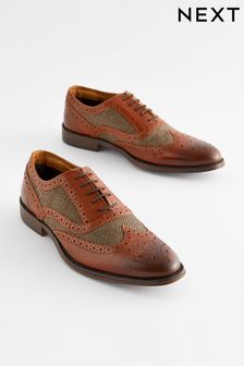 Brown - Leather & Herringbone Brogue Shoes (N15458) | kr820