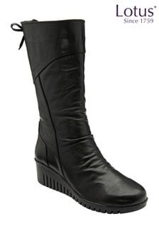 Lotus Black Leather Zip-Up Mid-Calf Boots (N15639) | AED499