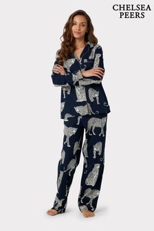 Chelsea Peers Blue Organic Cotton Navy Leopard Print Pyjama Set (N15679) | SGD 106
