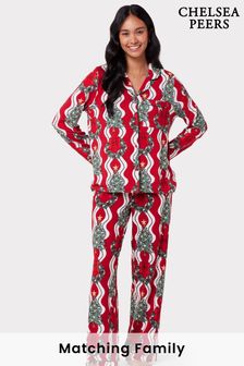 Chelsea Peers Red Recycled Fibre Red & White Wreath & Tree Stripe Print Long Pyjama Set (N15680) | ₪ 210