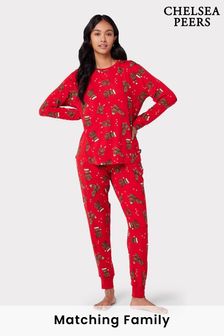 Langes Pyjama-Set mit Weihnachts-Cockapoo-Print von Chelsea Peers aus recycelten Fasern in Rot (N15681) | 29 €