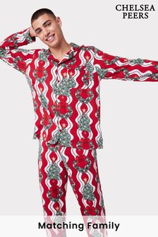 Chelsea Peers Red Mens Recycled Fibre Red & White Wreath & Tree Stripe Print Long Pyjama Set (N15685) | SGD 88