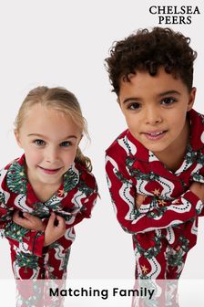 Chelsea Peers Red Kids Recycled Fibre Red & White Wreath & Tree Stripe Print Long Pyjama Set (N15686) | €22
