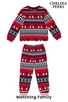 Chelsea Peers Red Kids Recycled Fibre Red & Green Carnival Penguin Fair Isle Print Long Pyjama Set (N15688) | 30 €